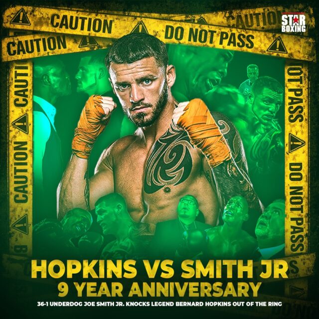 9 years ago today, Star Boxing’s very own Joe Smith Jr. shocked the world when he sent ‘The Executioner’ Bernard Hopkins through the ropes & into retirement! @joesmithjr631 was a 36-1 underdog when he delivered the career ending 8th round KO against the legend Bernard Hopkins. ⭐️🥊

#TheFinalOne #TheCommonMan #JoeSmithJr #TheExcecutioner #BernardHopkins #knockout #KO @joedeguardia #StarBoxing #fight @jerrycap61