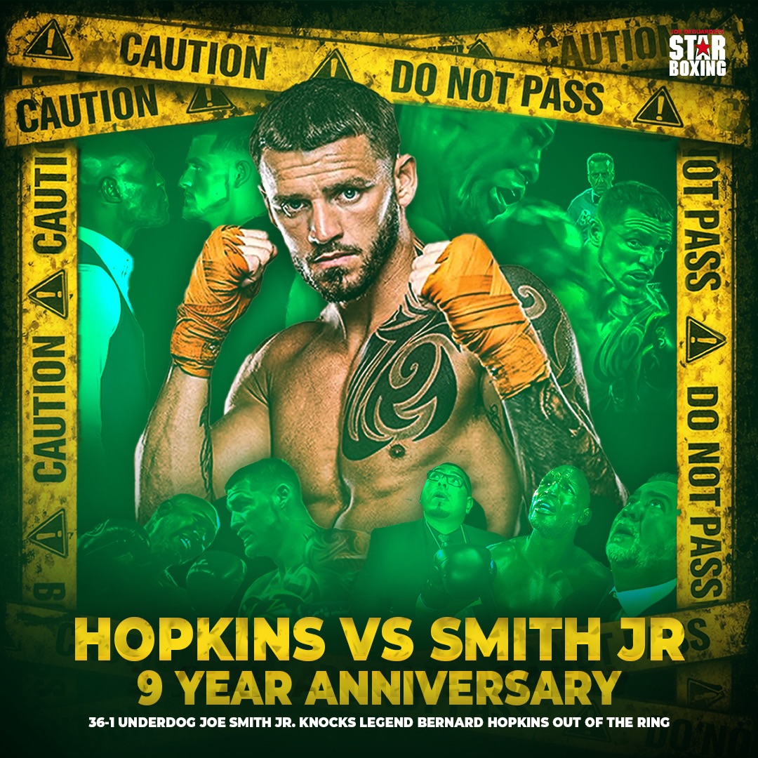 9 years ago today, Star Boxing’s very own Joe Smith Jr. shocked the world when he sent ‘The Executioner’ Bernard Hopkins through the ropes & into retirement! @joesmithjr631 was a 36-1 underdog when he delivered the career ending 8th round KO against the legend Bernard Hopkins. ⭐️🥊

#TheFinalOne #TheCommonMan #JoeSmithJr #TheExcecutioner #BernardHopkins #knockout #KO @joedeguardia #StarBoxing #fight @jerrycap61