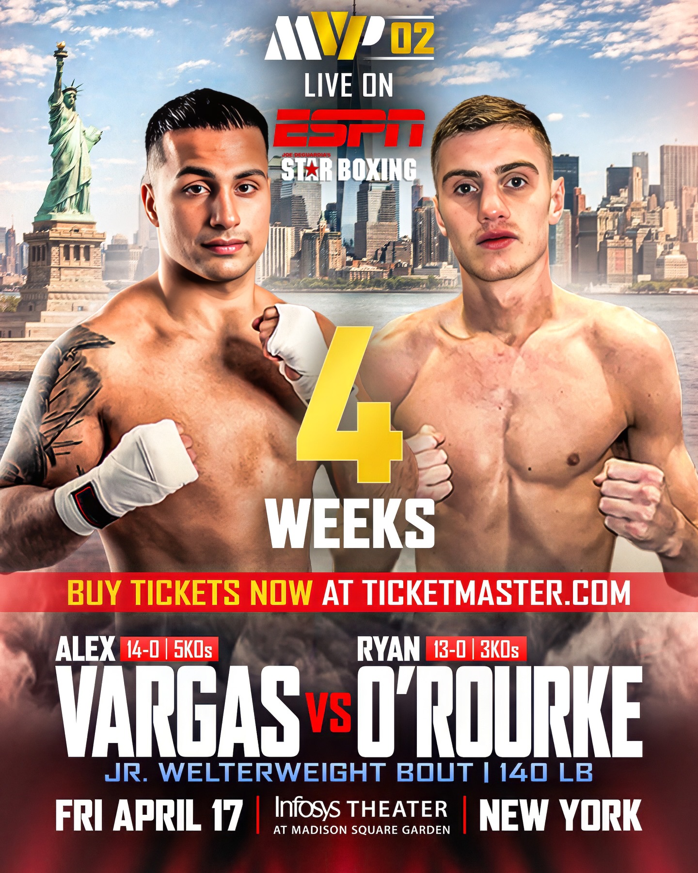 ⭐️🥊 2 of Star Boxing’s very own Alex Vargas 🇺🇸 and Ryan O’Rourke 🇮🇪 are set to go toe-to-toe in a Junior Welterweight bout on April 17 at Madison Square Garden (Theater) live on ESPN! 🎟️ Be sure to purchase your tickets here: ticketmaster.com/event/3B00645BB1DF673A?did=starboxing

#starboxing #mostvaluablepromotions  #BaumgardnerShin #MVPW02 #boxing