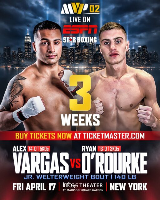 ⭐️🥊 3 weeks until two of Star Boxing’s very own Alex Vargas 🇺🇸 and Ryan O’Rourke 🇮🇪 are set to go toe-to-toe in a Junior Welterweight bout on April 17 at Madison Square Garden (Theater) live on ESPN! 🎟️ Be sure to purchase your tickets here: ticketmaster.com/event/3B00645BB1DF673A?did=starboxing

#starboxing #mostvaluablepromotions  #BaumgardnerShin #MVPW02 #boxing