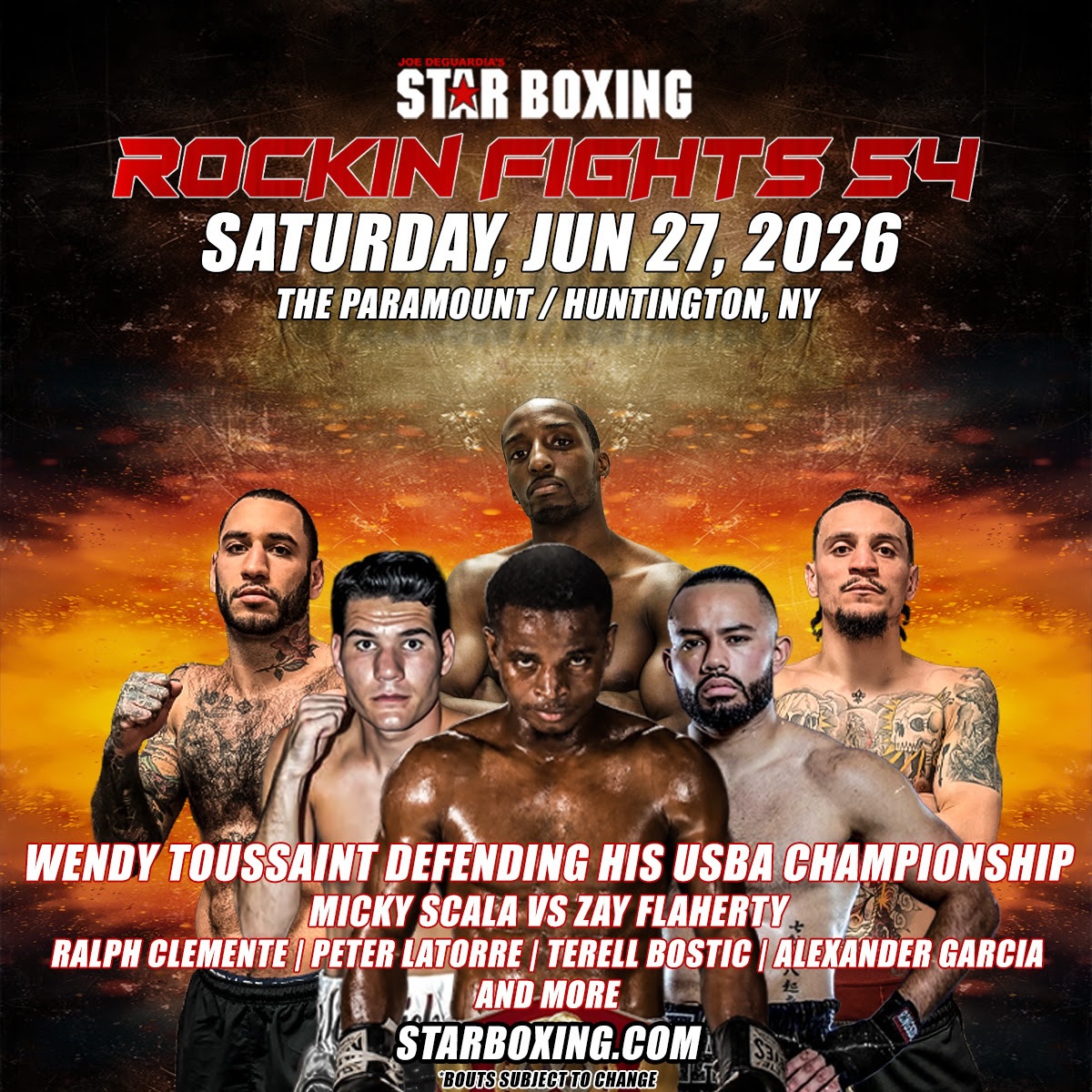 🚨ONE MONTH AWAY🚨

⭐️🥊 Joe DeGuardia’s Star Boxing returns to @TheParamountNY in Huntington on June 27th for another action-packed night of world-class boxing at Rockin’ Fights 54! 

🇭🇹🔥 Wendy “The Haitian Fire” Toussaint returns to Long Island to defend his USBA Championship

 🇮🇹🇮🇪Micky Scala vs. Zay Flaherty in a can’t-miss old-school Italian vs Irish rivalry clash

💥⚡ Long Island veteran Terell Bostic, US Marine Corps veteran Peter Latorre, & Long Island KO artist Ralph Clemente all return to action with knockout power

🎟️ Tickets are on sale now — don’t miss championship stakes, local rivalries & highlight-reel KOs!

#StarBoxing #RockinFights54 #boxing #fightnight #LongIslandBoxing