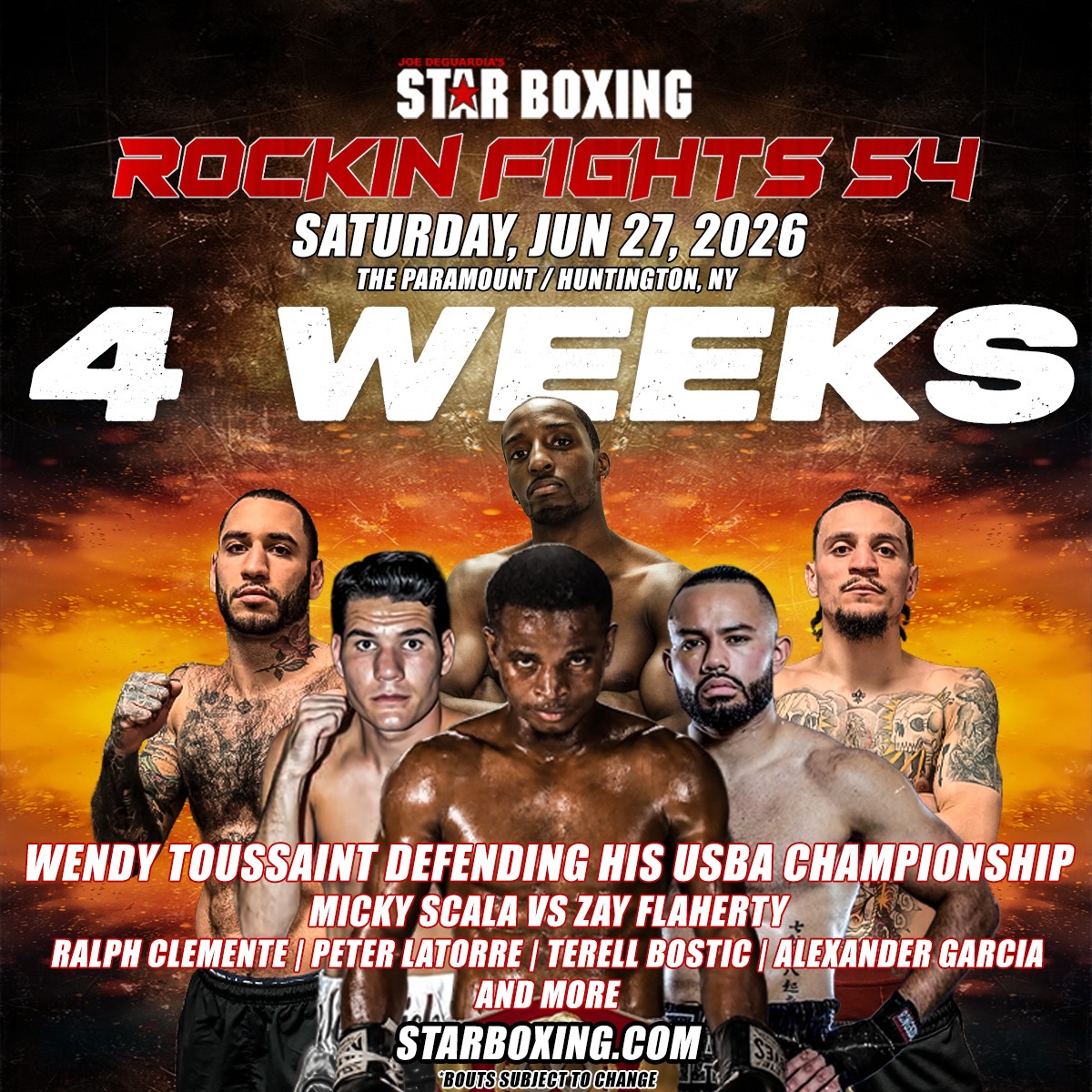 🚨4 WEEKS OUT 🚨

⭐️🥊 The countdown is on as Joe DeGuardia’s Star Boxing storms back into The Paramount with Rockin’ Fights 54 on June 27th! 

🇭🇹 Wendy “The Haitian Fire” Toussaint returns to defend his USBA title

🇮🇹🇮🇪 Micky Scala and Zay Flaherty collide in a classic Italian vs. Irish showdown

💣 Long Island standouts Terell Bostic, Peter Latorre, and Ralph Clemente are back and ready to steal the show

🎟️ Tickets are on sale now at STARBOXING.COM❗️You don’t wanna miss this night packed with championship drama, heated rivalries, and explosive action! 🥊💥

#StarBoxing #RockinFights54 #boxing #fightnight #LongIslandBoxing
