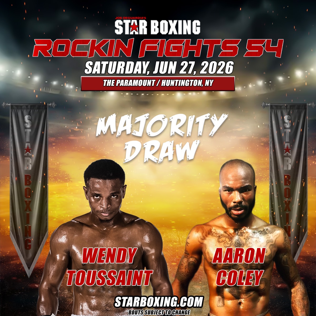 The main event between Wendy Toussaint & Aaron Coley ended in a majority draw (95-95, 95-95, 97-93). Both fighters went toe-to-toe for all 10 rounds and had everyone at @theparamountny on the edge of their seats!

#StarBoxing #RockinFights54