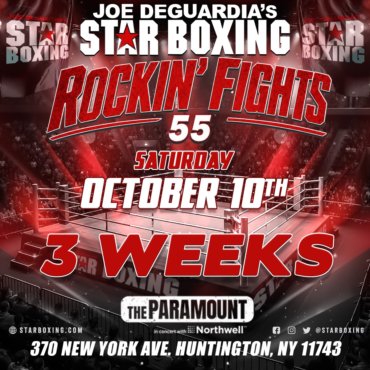 🚨 3 WEEKS OUT 🚨

⭐️🥊 ROCKIN’ FIGHTS 55 ON OCTOBER 10 IS CLOSING IN!

If you’ve been in the building for a Rockin’ Fights night, you already know: this isn’t your average fight night:

⚡️ Electric crowds
🥊 High-stakes matchups
🌟 Rising stars & future champions 
🔥 Nonstop action
🏟️ An atmosphere you can only get at @TheParamountNY 

Turn on your Star Boxing post notifications for fight announcements this week, including the return of Rockin’ Fights fan favorites and some of the hottest rising names in the game!

🎟️ Don’t wait until fight week. Lock in your seats NOW! Get your tickets at StarBoxing.com, @Ticketmaster, or the @TheParamountNY box office

#StarBoxing #RockinFights55 #LongIslandBoxing #Boxing #TheParamount