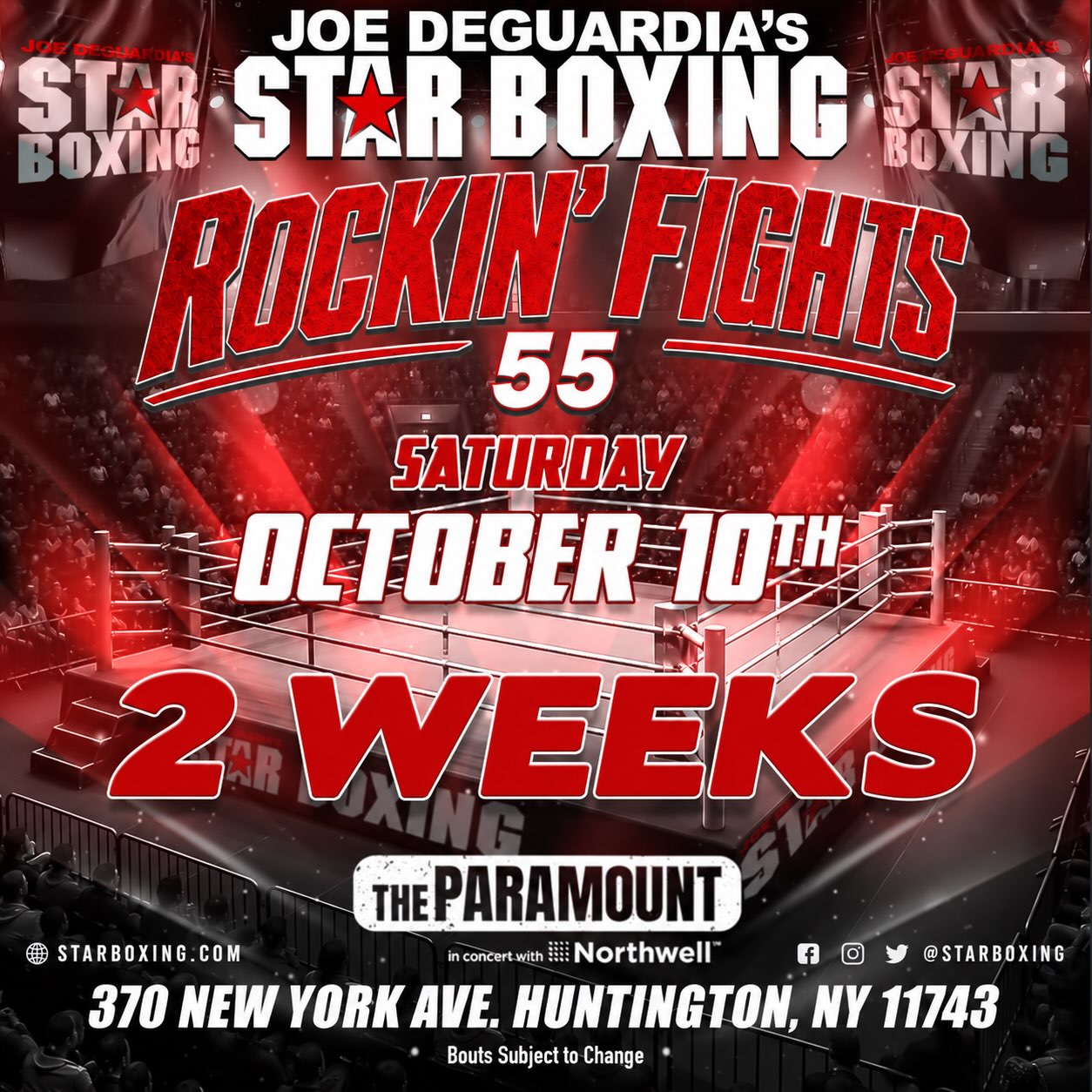 🚨 2 WEEKS OUT: ROCKIN’ FIGHTS 55 ON OCTOBER 10! 

If you’ve been in the building for a Rockin’ Fights night, you already know: this isn’t your average fight night:
⚡️ Electric crowds
🥊 High-stakes matchups
🌟 Rising stars & future champions
🔥 Nonstop action
🏟️ An atmosphere you can only get at The Paramount

Turn on your Star Boxing post notifications for fight announcements this week, including the return of Rockin’ Fights fan favorites and some of the hottest rising names in the game!

🎟️ Don’t wait until fight week. Lock in your seats NOW! Get your tickets at StarBoxing.com, Ticketmaster, or The Paramount box office.

#LongIsland #TheParamount #StarBoxing #Huntington #Boxing