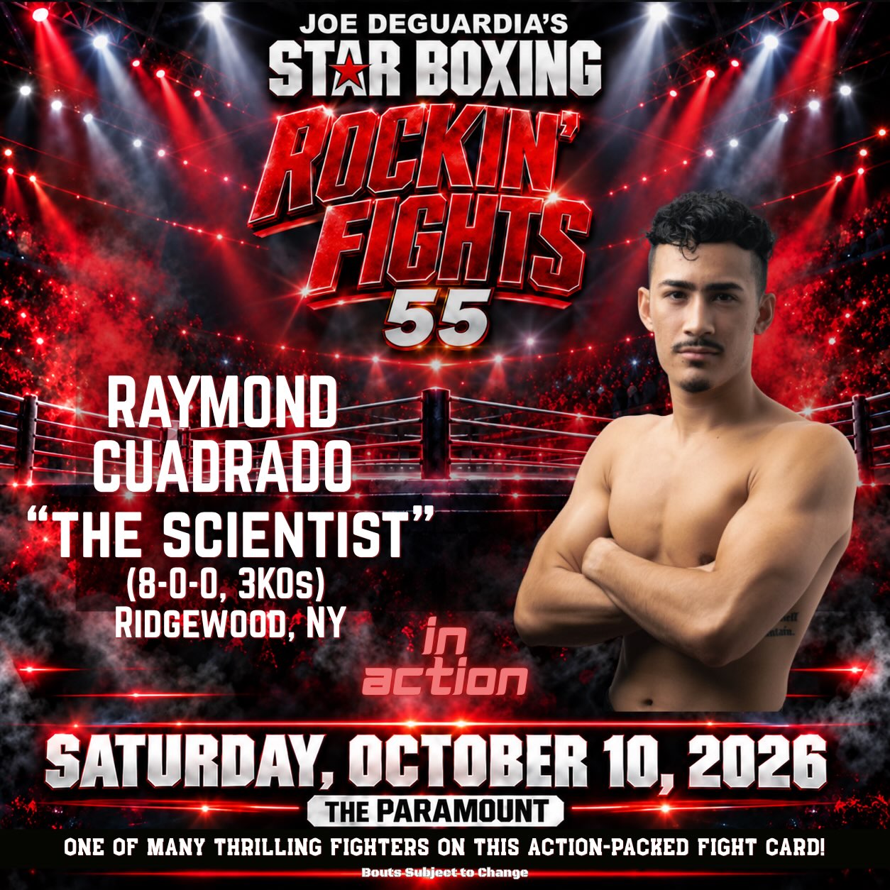 🔥 FDNY’S OWN. RIDGEWOOD’S PRIDE. UNDEFEATED. 🥊

Raymond Cuadrado puts his unbeaten record on the line in the MAIN EVENT of Joe DeGuardia’s Rockin’ Fights 55 on Saturday, October 10, at The Paramount in Huntington!

An active FDNY firefighter, Cuadrado brings grit, determination and neighborhood pride into a showdown with Efstathios “The Greek God” Antonas, a Greek national champion backed by Astoria’s passionate Greek boxing community.

🚨 RIDGEWOOD vs. ASTORIA. Two Queens neighborhoods. One ring. Bragging rights on the line.

Calling all first responders, Ridgewood faithful and boxing fans: come make some noise for Ray! 🔥

🎟️ Tickets (clickable via link in bio): https://www.ticketmaster.com/event/000064F5DF5F95A4?did=starboxing

Bouts Subject to Change.

#StarBoxing #RockinFights55 #FDNY #Boxing #LongIsland